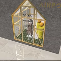 House Shaped Shop Window with Golden Frame featuring Mannequin in Brown Coat and Yellow Bucket