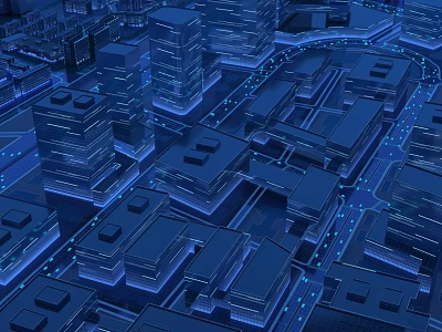 Futuristic Urban Cityscape With Tall Buildings Blue Lights And Interconnected Roads 3d model