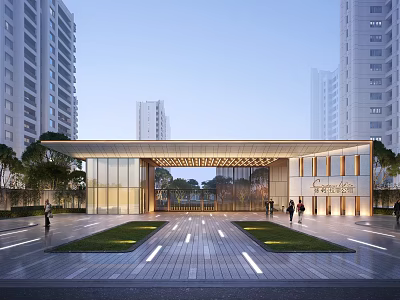 Elegant Modern Residential Entrance Featuring Grille Design Gate And Pedestrian Plaza With High Rise Buildings 3d model