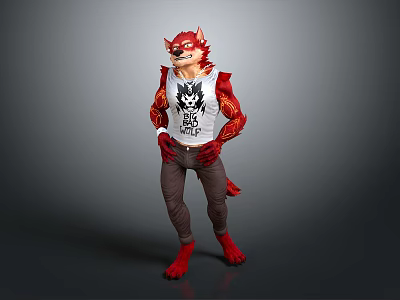 Anthropomorphic Wolf Creature Character In Red Costume White T-Shirt Black Graphic Dark Pants Red Footwear 3d model