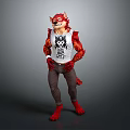 Anthropomorphic Wolf Creature Character In Red Costume White T-Shirt Black Graphic Dark Pants Red Footwear