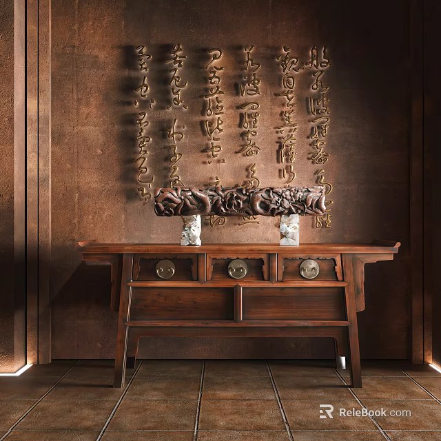 Traditional Foyer Hallway Interior Design With Wooden Console Table And Calligraphy Wall Art 3d model 