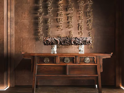 Traditional Foyer Hallway Interior Design With Wooden Console Table And Calligraphy Wall Art 3d model