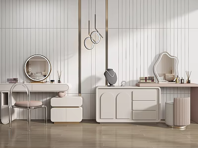 Modern Minimalist Dressing Table With Round Mirror Storage Drawers And Striped Wall Decor 3d model