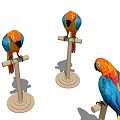 Three Colorful Flying Parrots Perching On Wooden Perches With Vibrant Feathers