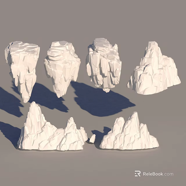 3D Rendered White Rock Models In Various Shapes With Shadows On Gray Background 3d model 