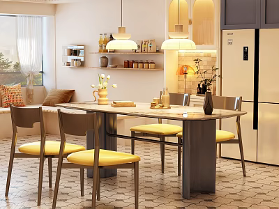 Modern Restaurant Interior With Round Table Yellow Chairs Pendant Lights And Kitchen Area 3d model