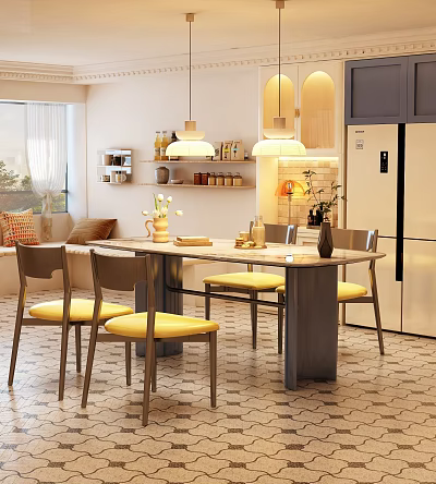Modern Restaurant Interior With Round Table Yellow Chairs Pendant Lights And Kitchen Area 3d model