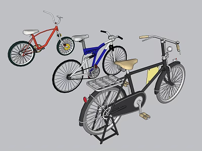 Retro And Modern Bicycles In Red Blue Black With Baskets And Comfortable Seats 3d model