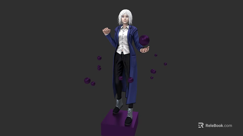 White Haired Woman In Blue Coat Holding Purple Orb On Purple Platform With Floating Balls 3d model 