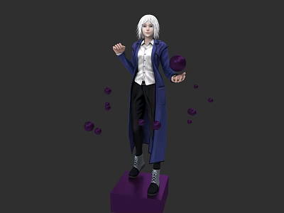 White Haired Woman In Blue Coat Holding Purple Orb On Purple Platform With Floating Balls 3d model