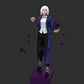 White Haired Woman In Blue Coat Holding Purple Orb On Purple Platform With Floating Balls