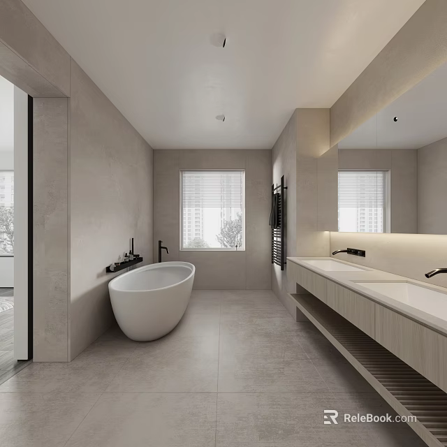 Modern Minimalist Bathroom With Freestanding Bathtub Wooden Vanity Large Mirror And Window Blinds 3d model 