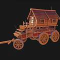 Wooden Carriage Featuring House like Structure Red Roof Windows and Wheels