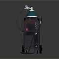 Red Industrial Welding Equipment with Blue Gas Cylinder Wheels and Cables