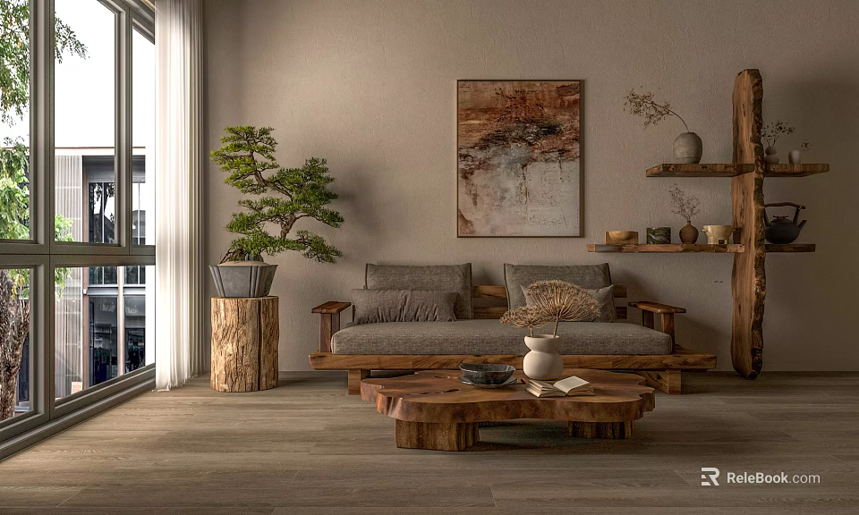 Gray Sectional Sofa In Living Room With Wooden Coffee Table Painting And Green Plant 3d model 