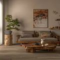 Gray Sectional Sofa In Living Room With Wooden Coffee Table Painting And Green Plant