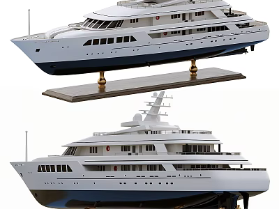 Decorative Ornament Set with Detailed Yacht Models on Wooden Display Stand for Home Decoration 3d model