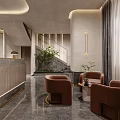 Elegant Modern Beauty Hair Salon With Marble Reception Counter Wooden Slat Wall And Circular Ceiling Light