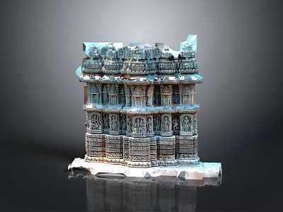 Ancient Temple Scenery With Multi Tiered Structure Intricate Carvings Snow Covered Dark Background Reflection 3d model