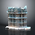 Ancient Temple Scenery With Multi Tiered Structure Intricate Carvings Snow Covered Dark Background Reflection