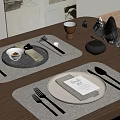 Elegant Dining Table Setting With Placemats Plates Cutlery And Decorative Items 3d model