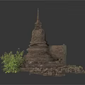 Modern Interior Scene With Ancient Stone Tower Model And Green Plants