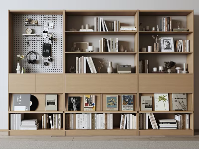 Stylish Wooden Bookcase With Multiple Compartments Books Photo Frames Vinyl Records And Plant Decor 3d model
