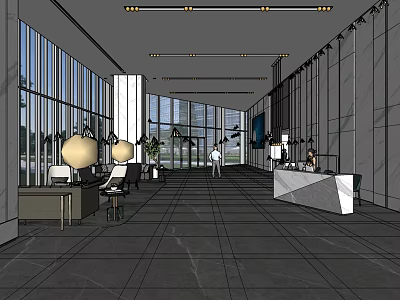 Spacious Hotel Lobby Featuring Floor to Ceiling Windows Reception Desk and Green Plants 3d model