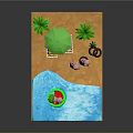 Colorful Cartoon Beach Scene With Palm Trees Green Umbrella Deck Chairs And Playful Characters