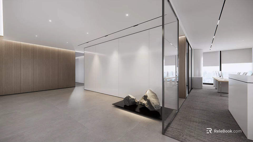 Modern Public Office Space With Glass Partitions Wooden Walls And Stone Decor 3d model 