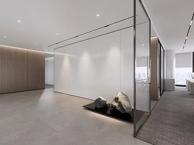 Modern Public Office Space With Glass Partitions Wooden Walls And Stone Decor 3d model