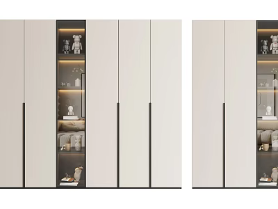 Modern Beige Wardrobe with Black Trim Sliding Glass Doors Built in Lighting and Storage Shelves 3d model