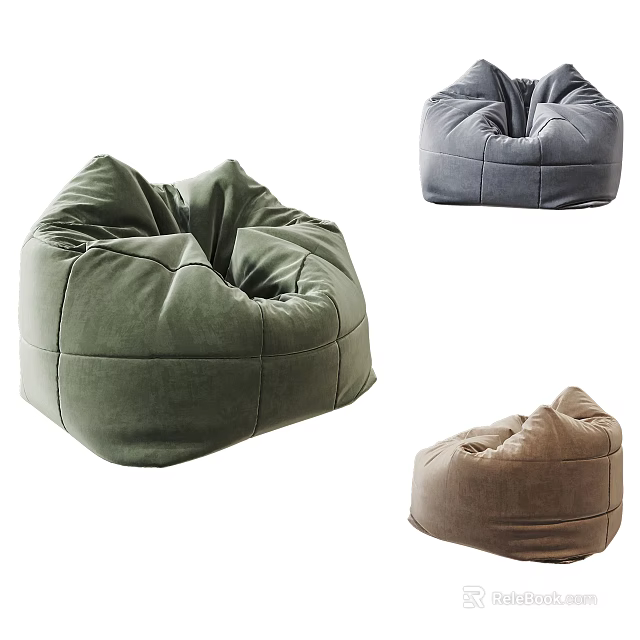 Plush Velvet Bean Bag Chair in Green Gray and Brown Colors for Home Decor 3d model 