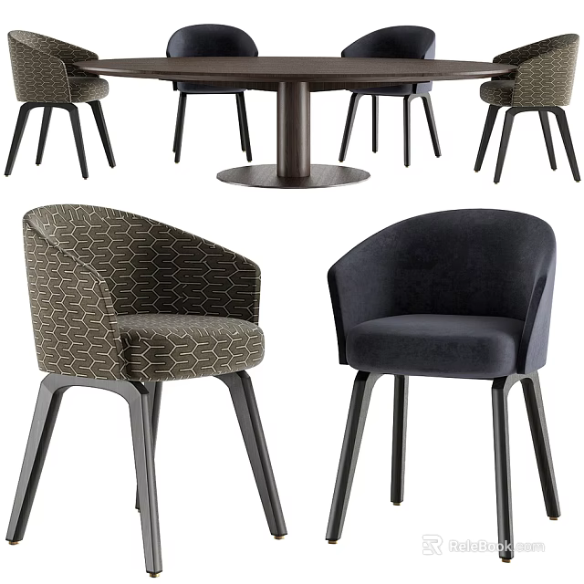 Modern Dining Table Set With Patterned And Dark Fabric Chairs And Wooden Base 3d model 
