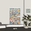 Vibrant Colorful Collage Artwork On White Wall With Potted Plant And Sofa