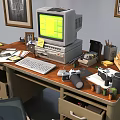 Organized Workspace Desk And Chair Set With Documents Boxes Framed Pictures Tripod And Computer