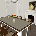 Modern Interior With Dining Table Set Wicker Chairs White Vase Flowers Floor Lamp And Fireplace