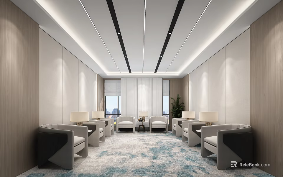 Modern Hotel Public Lounge Area With Comfortable Sofas Chairs Lamps And Soft Carpet 3d model 