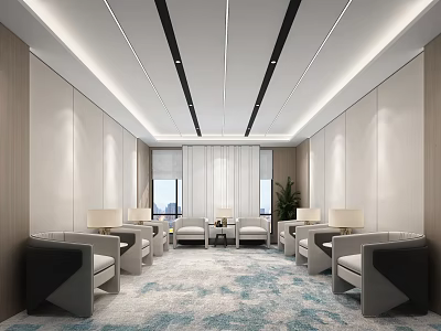 Modern Hotel Public Lounge Area With Comfortable Sofas Chairs Lamps And Soft Carpet 3d model