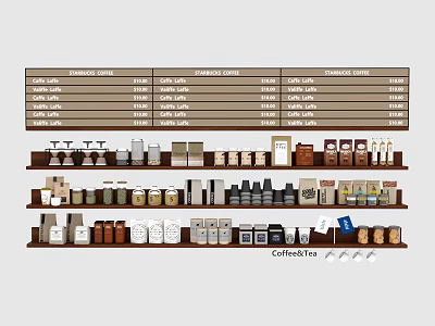 Assorted Coffee And Tea Drinks Display On Shelves With Price List And Containers 3d model