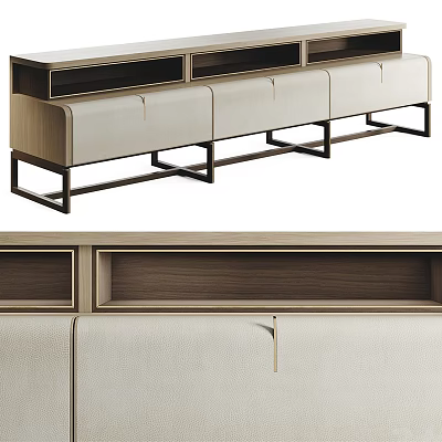 Modern Sideboard With Wooden Leather Panels And Metal Frame Storage Drawers Design 3d model
