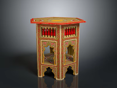 Elegant Hexagonal Side Table With Red And Gold Decorations And Intricate Carvings 3d model