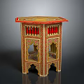 Elegant Hexagonal Side Table With Red And Gold Decorations And Intricate Carvings