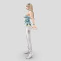 Woman With Blonde Hair In Light Blue Strapless Top White Tight Pants And White Boots