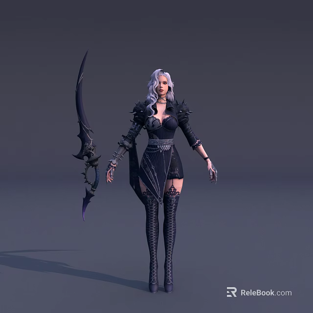 Game and Movie Character with White Hair Black Outfit and Large Weapon 3d model 