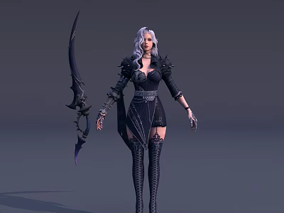 Game and Movie Character with White Hair Black Outfit and Large Weapon 3d model