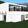 Modern Detached Villa With Large Glass Windows Black Railings Green Lawn And Mountain View