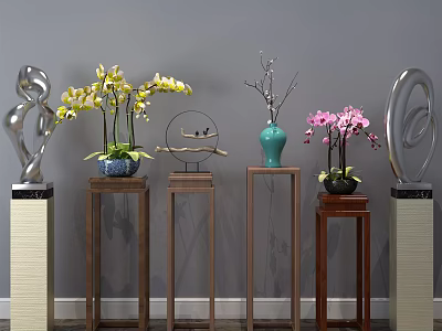 Stylish Wooden Plant Stands Displaying Yellow Pink Orchids Green Vase And Metal Decor Against Grey Wall 3d model