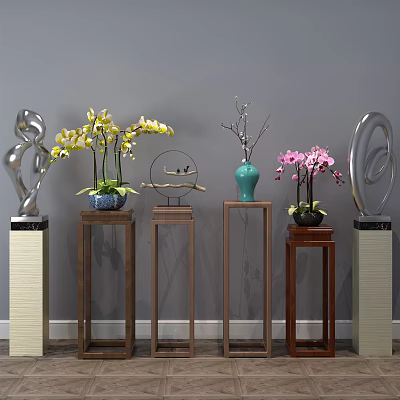 Stylish Wooden Plant Stands Displaying Yellow Pink Orchids Green Vase And Metal Decor Against Grey Wall 3d model